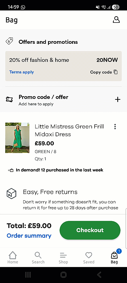 Bag page showing ‘Have a promo code?’ box at the top